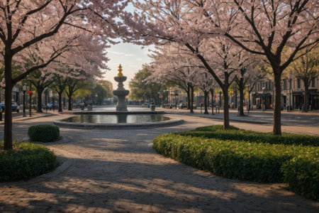 Experience the city's spring awakening with blossoming trees and glistening fountains, a symphony of nature and urban elegance blending seamlessly.の素材