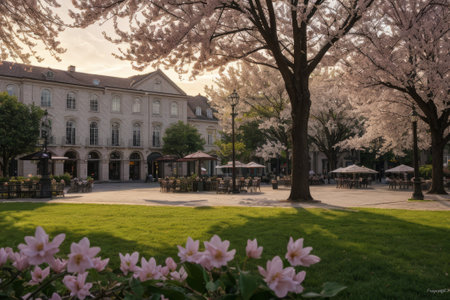 Experience the city's spring awakening with blossoming trees and glistening fountains, a symphony of nature and urban elegance blending seamlessly.の素材