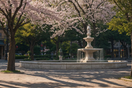 Experience the city's spring awakening with blossoming trees and glistening fountains, a symphony of nature and urban elegance blending seamlessly.の素材