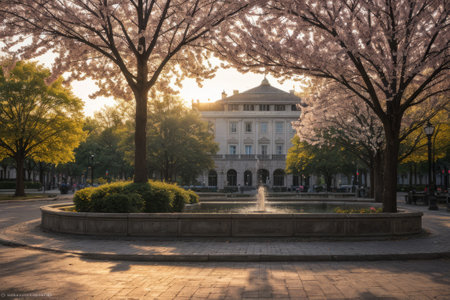 Experience the city's spring awakening with blossoming trees and glistening fountains, a symphony of nature and urban elegance blending seamlessly.の素材