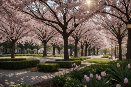 Experience the city's spring awakening with blossoming trees and glistening fountains, a symphony of nature and urban elegance blending seamlessly.の素材