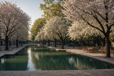 Experience the city's spring awakening with blossoming trees and glistening fountains, a symphony of nature and urban elegance blending seamlessly.の素材