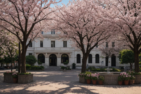 Experience the city's spring awakening with blossoming trees and glistening fountains, a symphony of nature and urban elegance blending seamlessly.の素材