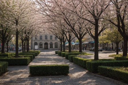 Experience the city's spring awakening with blossoming trees and glistening fountains, a symphony of nature and urban elegance blending seamlessly.の素材