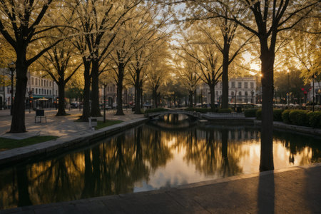 Experience the city's spring awakening with blossoming trees and glistening fountains, a symphony of nature and urban elegance blending seamlessly.の素材