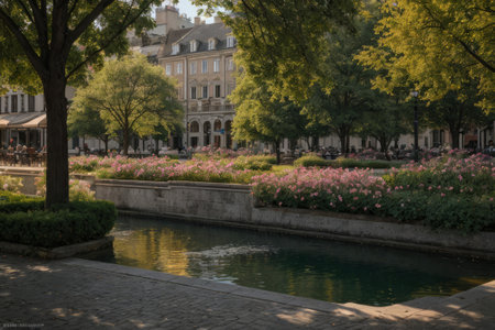 Experience the city's spring awakening with blossoming trees and glistening fountains, a symphony of nature and urban elegance blending seamlessly.の素材