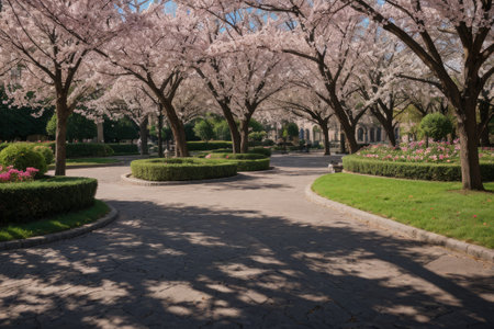 Experience the city's spring awakening with blossoming trees and glistening fountains, a symphony of nature and urban elegance blending seamlessly.の素材