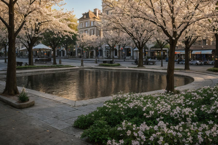 Experience the city's spring awakening with blossoming trees and glistening fountains, a symphony of nature and urban elegance blending seamlessly.の素材