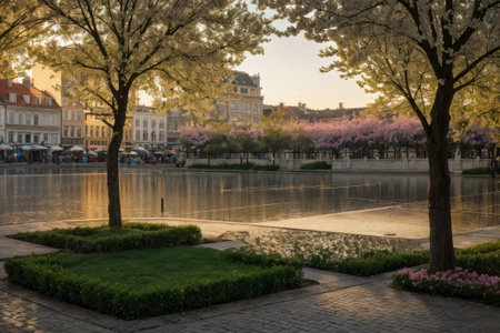 Experience the city's spring awakening with blossoming trees and glistening fountains, a symphony of nature and urban elegance blending seamlessly.の素材