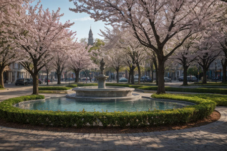 Experience the city's spring awakening with blossoming trees and glistening fountains, a symphony of nature and urban elegance blending seamlessly.の素材