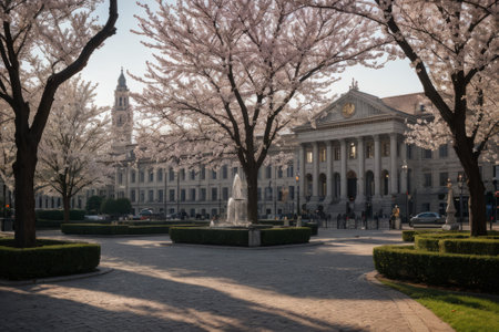 Experience the city's spring awakening with blossoming trees and glistening fountains, a symphony of nature and urban elegance blending seamlessly.の素材