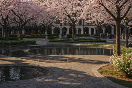 Experience the city's spring awakening with blossoming trees and glistening fountains, a symphony of nature and urban elegance blending seamlessly.の素材