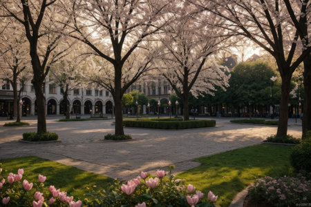 Experience the city's spring awakening with blossoming trees and glistening fountains, a symphony of nature and urban elegance blending seamlessly.の素材