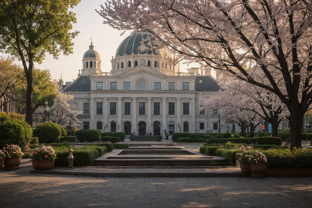 Experience the city's spring awakening with blossoming trees and glistening fountains, a symphony of nature and urban elegance blending seamlessly.の素材