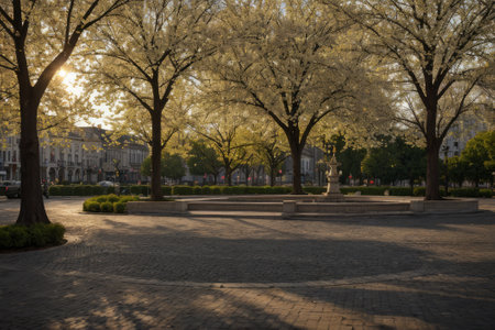 Experience the city's spring awakening with blossoming trees and glistening fountains, a symphony of nature and urban elegance blending seamlessly.の素材