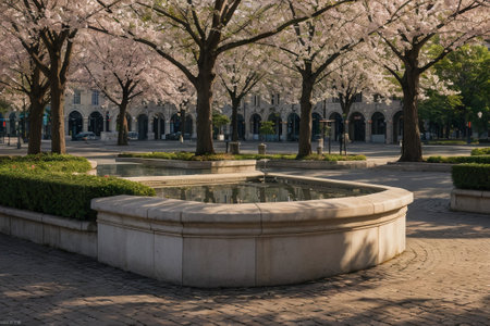 Experience the city's spring awakening with blossoming trees and glistening fountains, a symphony of nature and urban elegance blending seamlessly.の素材