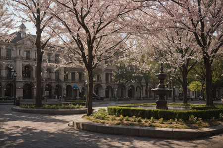 Experience the city's spring awakening with blossoming trees and glistening fountains, a symphony of nature and urban elegance blending seamlessly.の素材