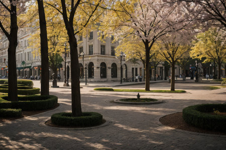 Experience the city's spring awakening with blossoming trees and glistening fountains, a symphony of nature and urban elegance blending seamlessly.の素材