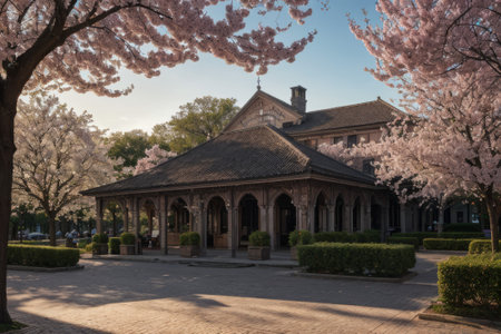 Experience the city's spring awakening with blossoming trees and glistening fountains, a symphony of nature and urban elegance blending seamlessly.の素材