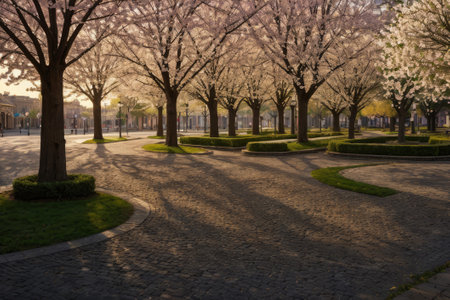 Experience the city's spring awakening with blossoming trees and glistening fountains, a symphony of nature and urban elegance blending seamlessly.の素材