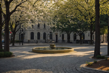 Experience the city's spring awakening with blossoming trees and glistening fountains, a symphony of nature and urban elegance blending seamlessly.の素材