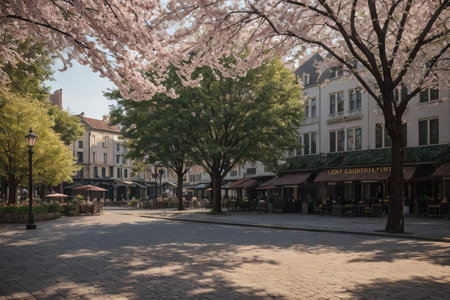 Experience the city's spring awakening with blossoming trees and glistening fountains, a symphony of nature and urban elegance blending seamlessly.の素材