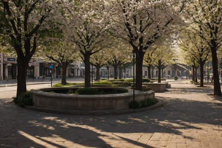 Experience the city's spring awakening with blossoming trees and glistening fountains, a symphony of nature and urban elegance blending seamlessly.の素材