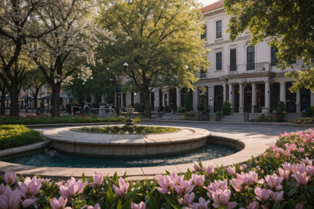 Experience the city's spring awakening with blossoming trees and glistening fountains, a symphony of nature and urban elegance blending seamlessly.の素材