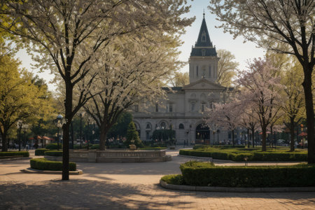Experience the city's spring awakening with blossoming trees and glistening fountains, a symphony of nature and urban elegance blending seamlessly.の素材