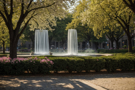 Experience the city's spring awakening with blossoming trees and glistening fountains, a symphony of nature and urban elegance blending seamlessly.の素材