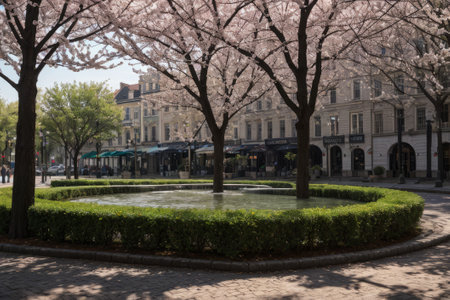Experience the city's spring awakening with blossoming trees and glistening fountains, a symphony of nature and urban elegance blending seamlessly.の素材
