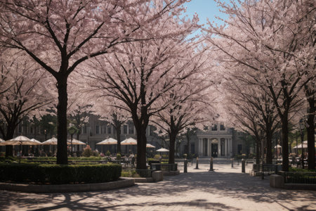 Experience the city's spring awakening with blossoming trees and glistening fountains, a symphony of nature and urban elegance blending seamlessly.の素材