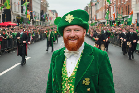 Embrace the spirit of St. Patrick's Day in a lively photo capturing parades, shamrocks, and revelers clad in green a vibrant tableau of Irish pride and celebration.の素材
