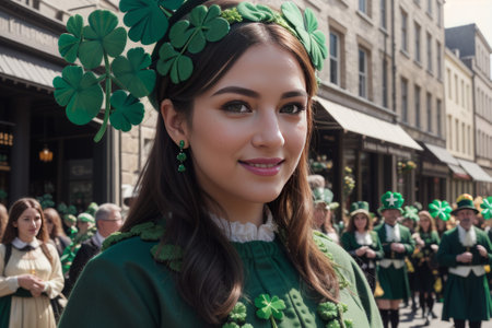 Embrace the spirit of St. Patrick's Day in a lively photo capturing parades, shamrocks, and revelers clad in green a vibrant tableau of Irish pride and celebration.の素材