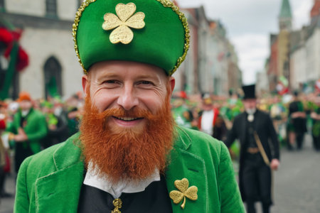 Embrace the spirit of St. Patrick's Day in a lively photo capturing parades, shamrocks, and revelers clad in green a vibrant tableau of Irish pride and celebration.の素材