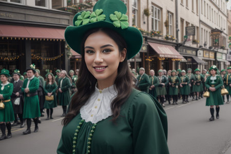Embrace the spirit of St. Patrick's Day in a lively photo capturing parades, shamrocks, and revelers clad in green a vibrant tableau of Irish pride and celebration.の素材
