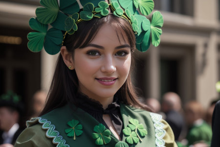 Embrace the spirit of St. Patrick's Day in a lively photo capturing parades, shamrocks, and revelers clad in green a vibrant tableau of Irish pride and celebration.の素材