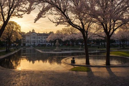 Experience the city's spring awakening with blossoming trees and glistening fountains, a symphony of nature and urban elegance blending seamlessly.の素材