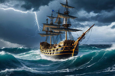 Experience the thrill of adventure in a dramatic photo capturing a majestic sailboat navigating stormy seas a testament to courage and resilience amidst nature's fury.の素材