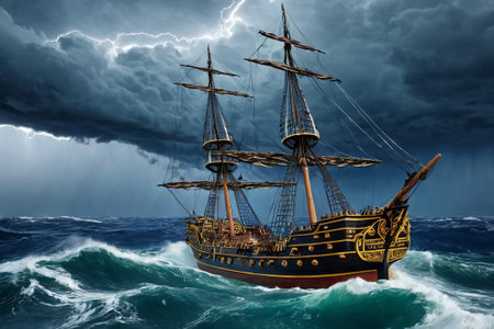 Experience the thrill of adventure in a dramatic photo capturing a majestic sailboat navigating stormy seas a testament to courage and resilience amidst nature's fury.の素材