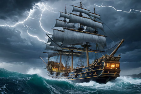 Experience the thrill of adventure in a dramatic photo capturing a majestic sailboat navigating stormy seas a testament to courage and resilience amidst nature fury.の素材