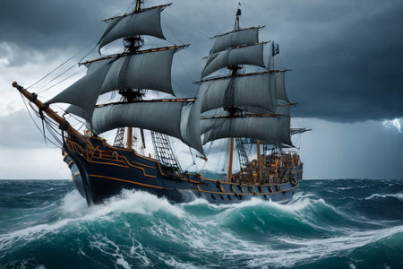 Experience the thrill of adventure in a dramatic photo capturing a majestic sailboat navigating stormy seas a testament to courage and resilience amidst nature fury.の素材