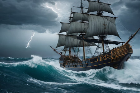 Experience the thrill of adventure in a dramatic photo capturing a majestic sailboat navigating stormy seas a testament to courage and resilience amidst nature fury.の素材