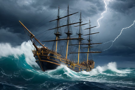 Experience the thrill of adventure in a dramatic photo capturing a majestic sailboat navigating stormy seas a testament to courage and resilience amidst nature fury.の素材