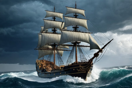 Experience the thrill of adventure in a dramatic photo capturing a majestic sailboat navigating stormy seas a testament to courage and resilience amidst nature fury.の素材