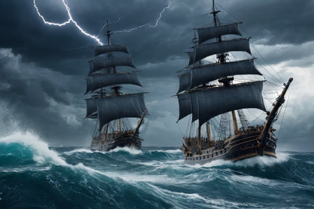 Experience the thrill of adventure in a dramatic photo capturing a majestic sailboat navigating stormy seas a testament to courage and resilience amidst nature fury.の素材