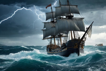Experience the thrill of adventure in a dramatic photo capturing a majestic sailboat navigating stormy seas a testament to courage and resilience amidst nature fury.の素材