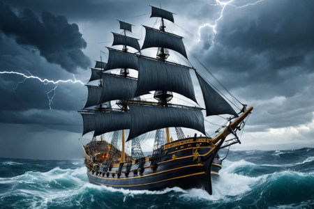 Experience the thrill of adventure in a dramatic photo capturing a majestic sailboat navigating stormy seas a testament to courage and resilience amidst nature fury.の素材