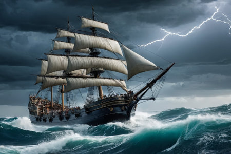 Experience the thrill of adventure in a dramatic photo capturing a majestic sailboat navigating stormy seas a testament to courage and resilience amidst nature fury.の素材