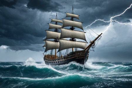 Experience the thrill of adventure in a dramatic photo capturing a majestic sailboat navigating stormy seas a testament to courage and resilience amidst nature fury.の素材